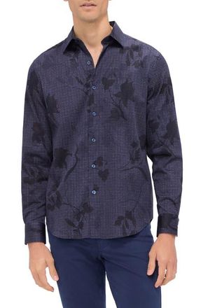 Bugatchi Julian Shaped Fit Leaf Print Lyocell Button-Up Shirt in Plum at Nordstrom, Size Xxx-Large