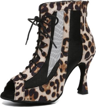 Miyoopark Womens Girls Sexy Ballroom Dancing Shoes Open Toe Party Evening Ankel Sandals Booties L493 Leopard 3.5 Heel UK 9