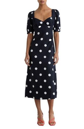 Reiss Astrid Polka Dot Puff Sleeve Open Back Linen Midi Dress in Navy/Ivory at Nordstrom, Size 10 Us