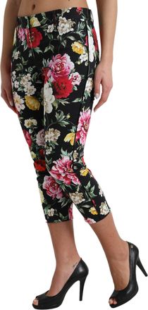 Dolce & Gabbana Womens Black Floral Print Mid Waist Cropped Pants Cotton Elastane