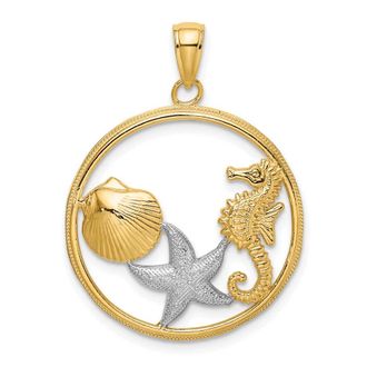 Diamond2Deal 14k Yellow Gold with White Rhodium Scallop, Starfish, Seahorse Circle Charm