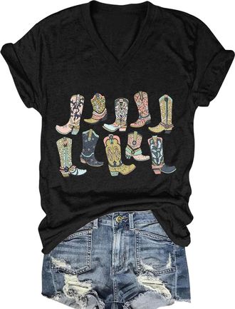 Generic Western Country Shirt for Women Cowgirl Cartoon Boots V Neck Short Sleeve Tops Vintage Cowboy Graphic Tees