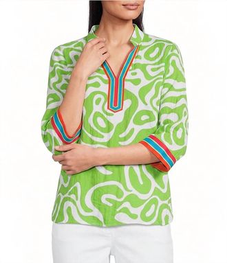 Multiples 3/4 Sleeve Notch Neck Top In Multi