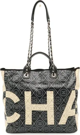 Chanel Camellia Beige Black Coated Canvas Leather Shoulder Bag Tote Bag (Pre-Owned)