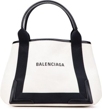 Balenciaga Beige Black Canvas Leather Handbag Tote Bag (Pre-Owned)