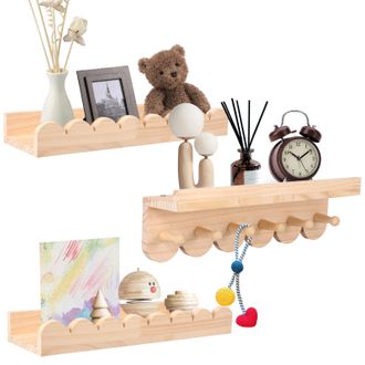 No Brand Conjunto De 3 Piezas De Estanter&iacute;as De Madera Acanalada Para La Habitaci&oacute;n Infantil Con Gancho, Estante De Pared Flotante, Estanter&iacute;a Infantil Premont