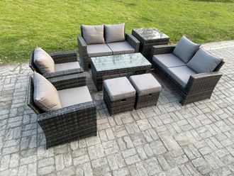 Fimous 8 Seater Dark Grey Mixed High Back Rattan Sofa Set Coffee Table Garden Furniture Outdoor Patio With Love Sofa Arm Chairs