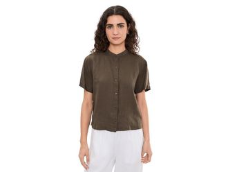 Eileen Fisher Organic Handkerchief Linen Mandarin Collar Short Sleeve Shirt Womens Clothing Wren : XL