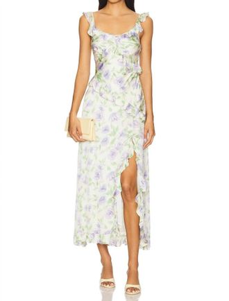 Astr Rosalina Satin Floral Midi Dress In Cream Lavender Flora