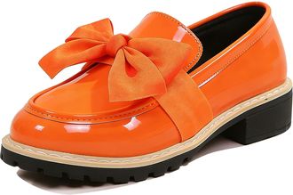 Generic Womens Patent Leather Bow Loafers Wide Width, Chunky Low Block Heel Round Toe Lug Sole Dress Shoes for Office Work (Orange,7.5)