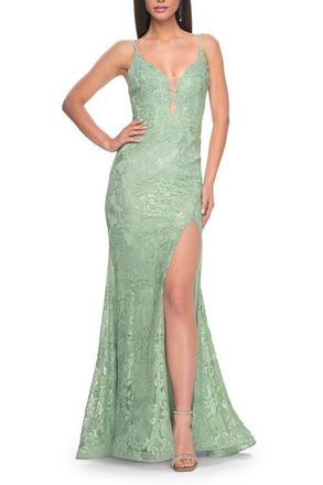 La Femme Lace Dress with Deep V-Neck and Rhinestones in Sage at Nordstrom, Size 12