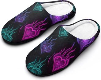 Generic Glowing Neon Goth Flames Mens Warm Slippers Non-Slip Sole Winter Rubber Cotton Shoes for Bedroom