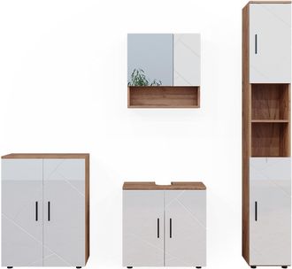 Vicco Conjunto De Muebles De Ba&ntilde;o Irma, Blanco Brillo Intenso/roble Dorado, 4 Piezas, Con Armario Alto Y Cajonera, Vicco