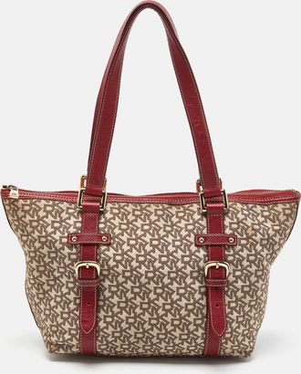 DKNY Dkny Beige/red Signature Canvas And Leather Zip Tote