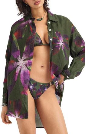 Vitamin A Playa Oversize Linen Cover-Up Shirt in Watercolor Orchid at Nordstrom, Size X-Small
