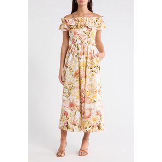 Sugarlips Zury Floral Jana Ruffle Maxi Dress in Coral-Mult at Nordstrom, Size X-Small