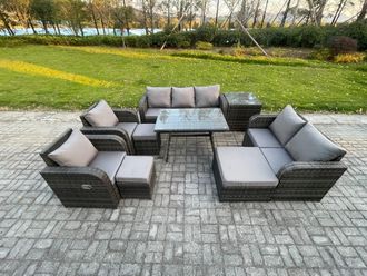 Fimous Outdoor Rattan Garden Furniture Set 10 Seater Patio Lounge Sofa Set with Dining Table 3 Footstools Side Table in Dark Grey