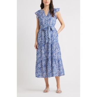 Caslon Print Ruffle Sleeve Tie Waist Midi Dress in Blue- White River Paisley at Nordstrom Rack, Size Xx-Small