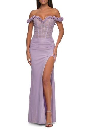 La Femme Prom Dress with Rosette Off the Shoulder Straps and Neckline in Lavender at Nordstrom, Size 10