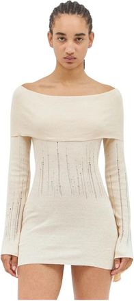 Aya Muse Ladder Gebreide Jurk Bandeau Halslijn Lange Mouwen - Dames - Kleedjes - Beige - L - Linnen - Kleedjes