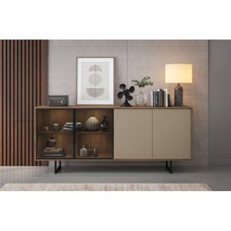 Dmora Aparador Malnate, Alacena 3 Estantes, 6 Compartimentos, 4 Puertas, 200x40x87h Cm Marr&oacute;n Nogal