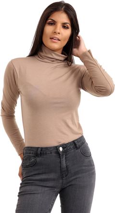 Janisramone Polo Shirts for Women UK, Long Sleeves Turtle Neck Womens Polo Shirt, Stretchy Long Sleeve Tops Women UK, Women s Roll Neck Polo T Shirt Size 8-26 Moc