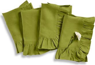 Solino Home Linen Dinner Napkins Set of 4, 20 x 20 Inch for Dining Table, Holiday and Everyday Table Decor - Gabrielle Ruffle in Avocado at