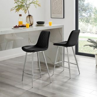 Furniturebox Pesaro Set of 2 Velvet Silver Legs Counter Stools in Black