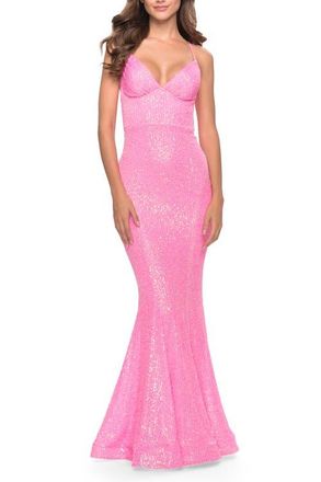 La Femme Fitted Stretch Sequin Dress with Open Back and Defined Cups in Neon Pink at Nordstrom, Size 00