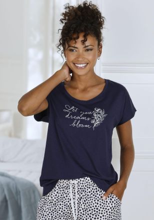 Vivance Pyjamaoberteil VIVANCE DREAMS, Damen, Gr. 32/34, blau (marine), Single Jersey, Obermaterial: 50% Baumwolle, 50% Viskose, bedruckt, Basic, loose fit h&uuml;