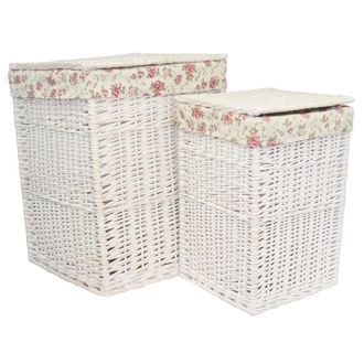 Red Hamper Set of 2 Cotton Lined Square White Wash Wicker Laundry Basket