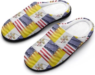 Generic U.S.A And Vatican Flag Cotton Womens Slip-on Slippers Winter Warm House Shoes with Rubber Sole for Home Office Hotel