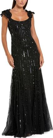 Mac Duggal Sleeveless Mesh Gown With Floral Shoulder Detail in Black at Nordstrom, Size 10