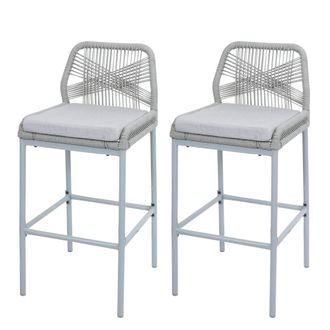 Hhg Hhg - Lote De 2 Taburetes De Bar De Cuerda 988, Asiento De Exterior De Mimbre De Cuerda De Metal, Gris Claro, Coj&iacute;n Gris Claro