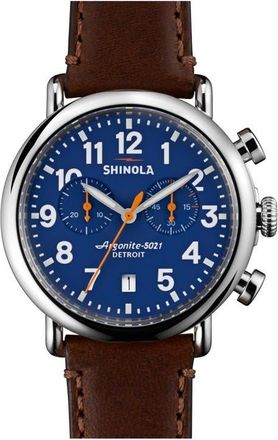 Shinola The Runwell Chrono Leather Strap Watch, 41mm in Dark Brown/Blue/Silver at Nordstrom