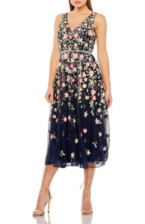 Mac Duggal V-Neck Sleeveless Midi Floral Beaded A-Line Dress in Midnight Multi at Nordstrom, Size 6