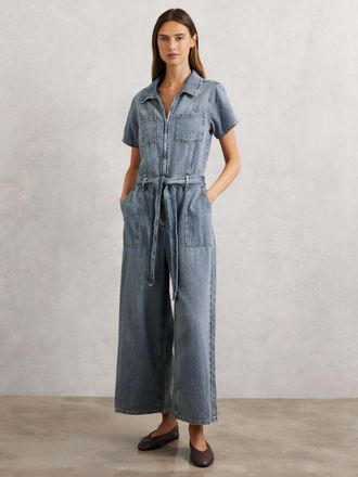 Good American Good Indigo Blue Denim Wide-leg Jumpsuit With Linen, XS