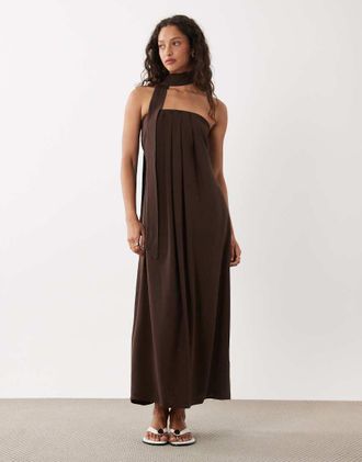 Asos Vestito midi a fascia a trapezio a pieghe marrone con dettaglio stile foulard
