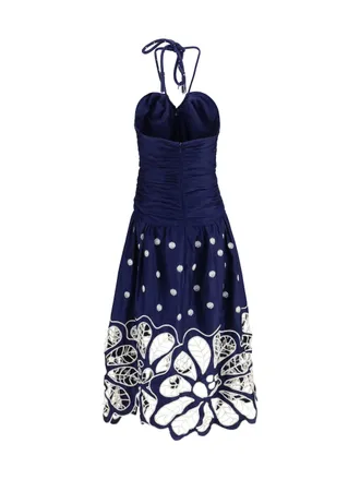 Farm Rio Organic Cotton Ruched Halter Dress - Navy