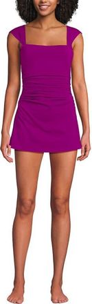 Lands End Chlorine Resistant Square Neck Ruched Swim Dress One Piece Swimsuit in Crimson Rose at Nordstrom, Size 16