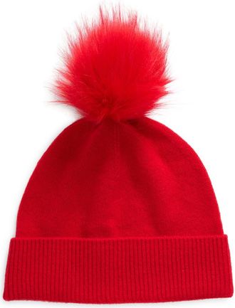 Nordstrom Rack Faux Fur Cashmere Pompom Beanie in Red Toreador at Nordstrom Rack