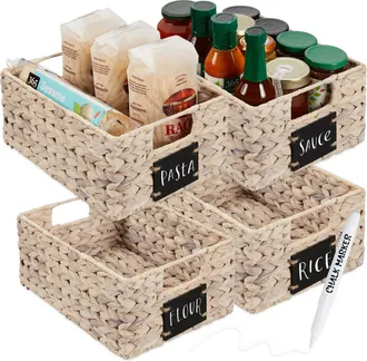 Best Choice Products Set of 4 12in Woven Water Hyacinth Pantry Baskets w/ Chalkboard Label, Chalk Marker