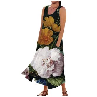 Generic Linen Dresses Women Elegant Swing Floral Printed Round Neck Sleeveless Dresses Oversized Maxi Tank Dress with Pockets Holiday Clothes for Women (Yello