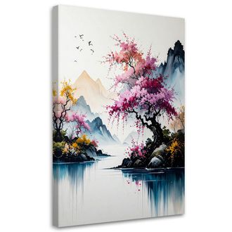 Feeby Cuadro Sobre Lienzo Paisaje Japon&eacute;s: R&iacute;o Monta&ntilde;as Naturaleza 70x100