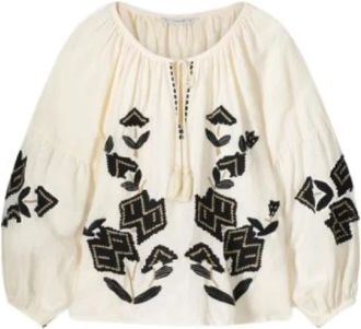 Summum Geborduurde Blouse - Dames - Blouses - Beige - M - Katoen - Overhemden