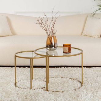 Dmora Set Di 2 Tavolini Da Salotto Abbadesse, Tavolo Basso Da Caff&egrave;, Portariviste Per Divano, Ripiano Da Soggiorno, 60x60 H43 Cm, Oro E Trasparente - Dmora