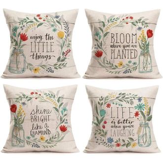 OEM Juego De Fundas De Almohada Con Estampado De Corona Floral (4 Piezas), Estampado Floral R&uacute;stico, Estampado Con Frases Inspiradoras, Hecho De Algod&oacute;n Y