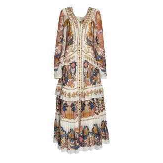 Farm Rio FARM Rio, Maxi Dresses, female, Multicolor, Size: S V-neck Ruffle Maxi Dress