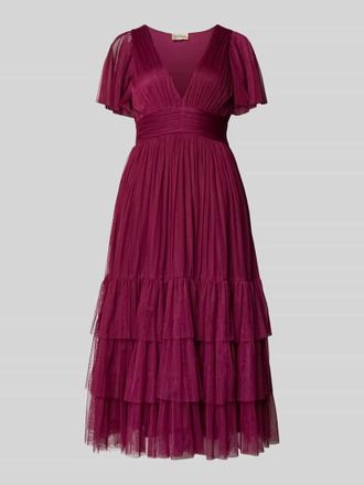 Lace & Beads Cocktailkleid mit tiefem V-Ausschnitt in Dunkelrot, Gr&ouml;&szlig;e XXS