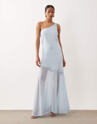 Tfnc Vestito lungo monospalla in raso azzurro con scollo ad anello sul retro e gonna in chiffon-Blu